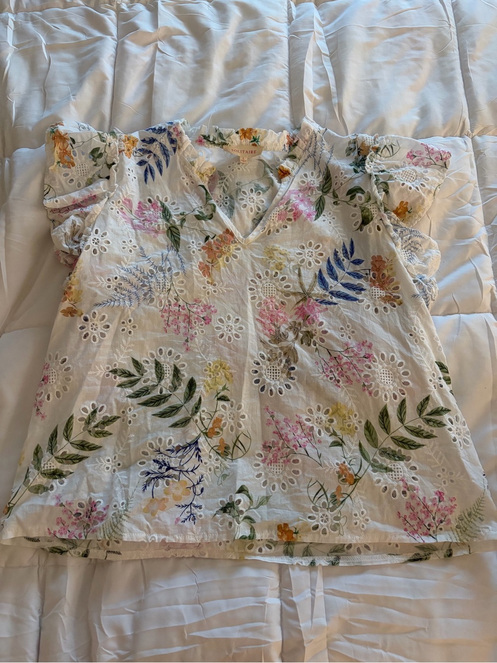 Solitaire White Eyelet V-Neck Blouse with Multicolor Floral Print